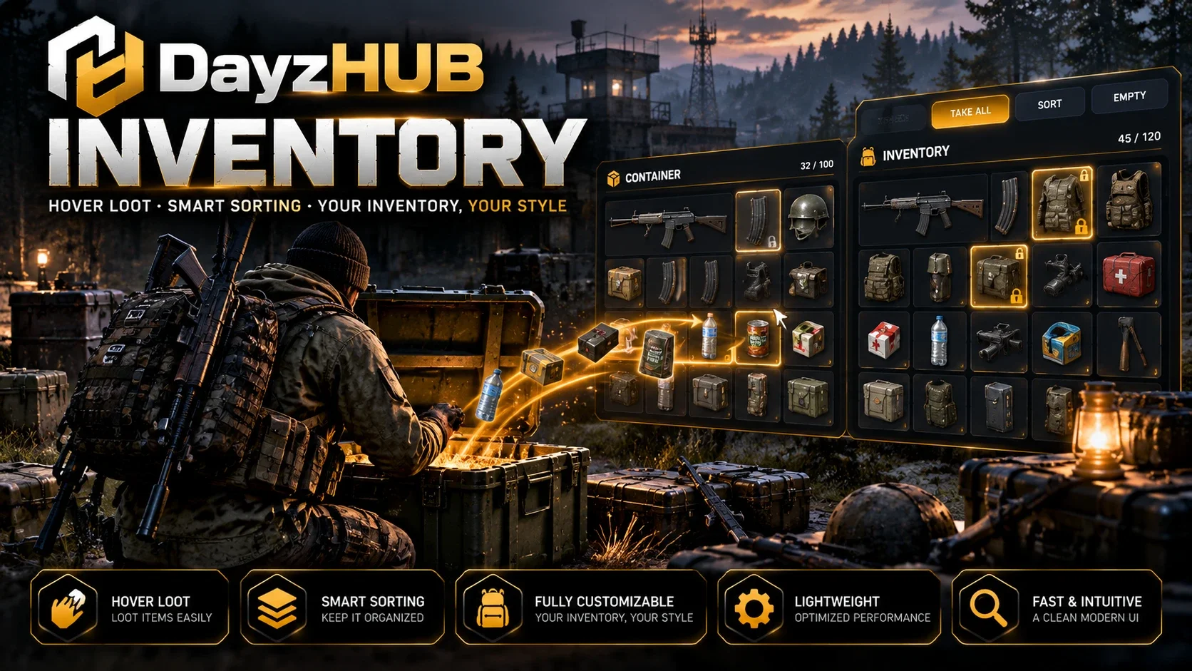 DayzHUB Interface - Hover loot, smart sorting, your inventory your style