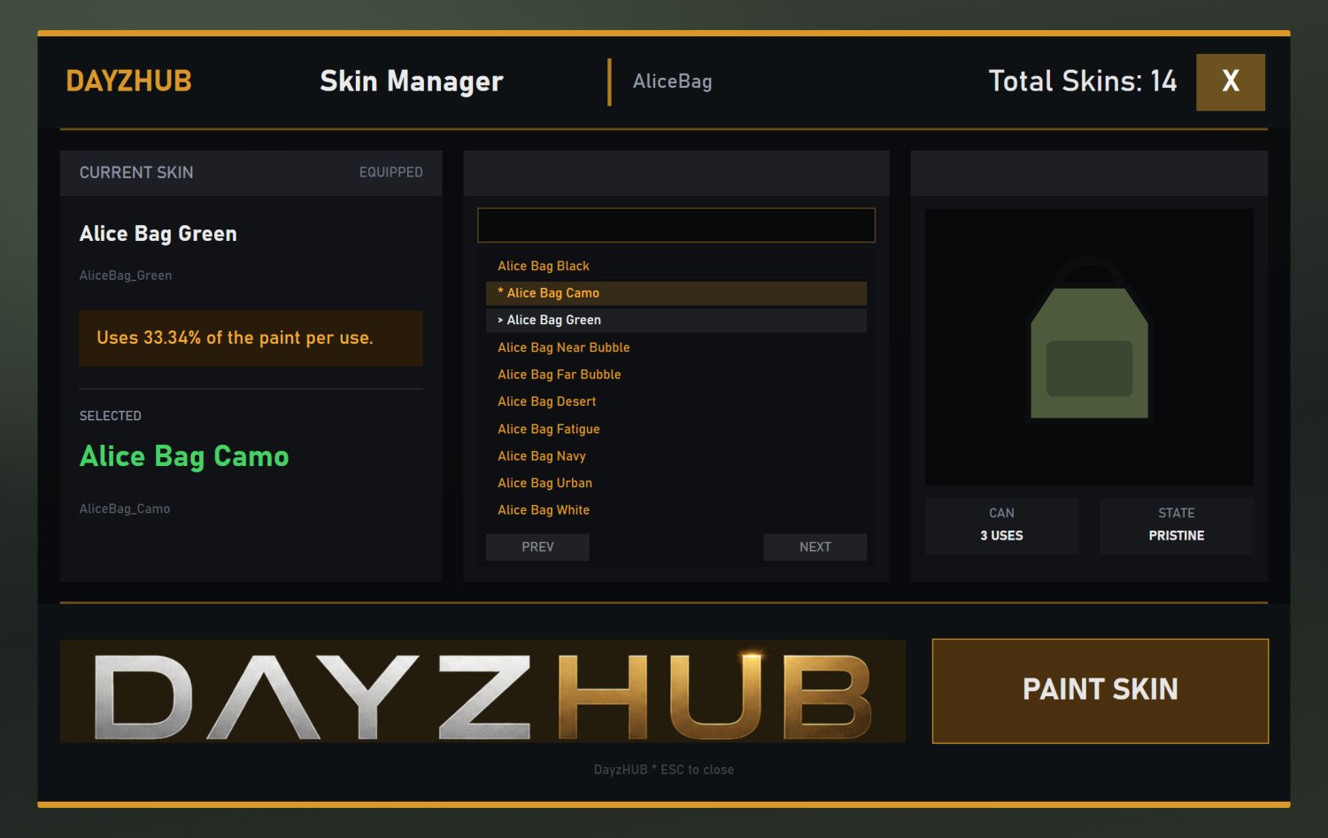 The skin menu: list, 3D preview, spray can and item state (preview)