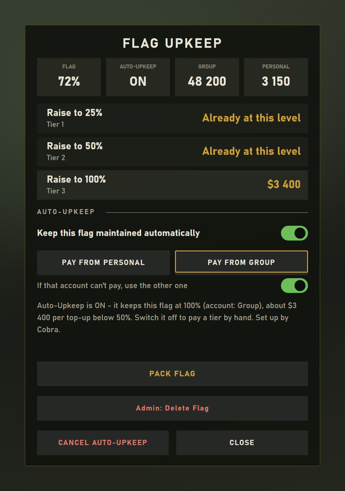 The pay menu on the flag pole, with Auto-Upkeep on (preview)